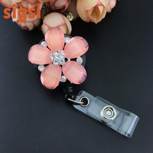 Bling bling pink flower ID badge reel Nurse brooch pins Retractable ID badge holder