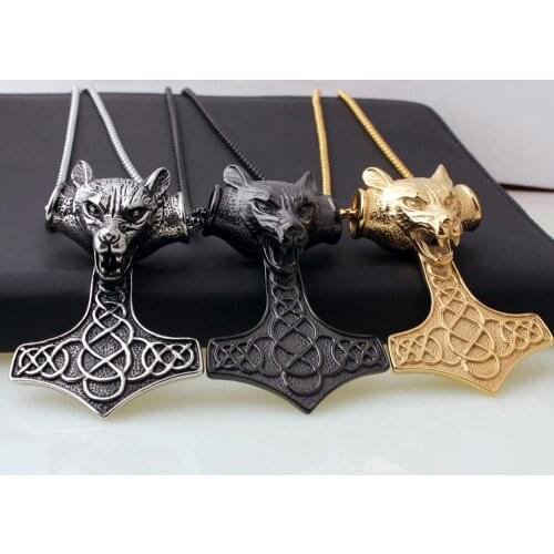 High Quality Stainless Steel Thor Hammer With Wolf Head Mens Boys Womens Jewelry Pendant Necklace Free Box Link Chain 24inch