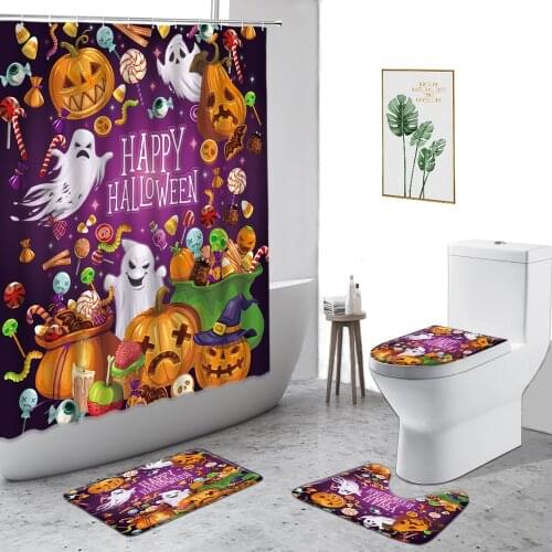 Happy Halloween Shower Curtains Funny Cartoon Childrens Holiday Decor Bathroom 4-Piece Set Non-Slip Carpet Bath Curtain Fabric