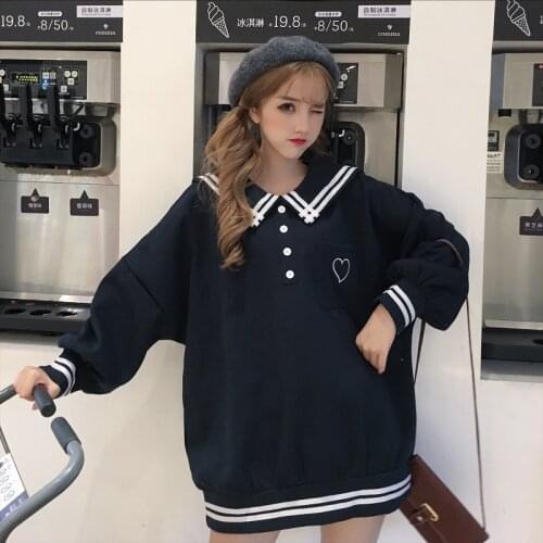 Japanese Harajuku Women School Uniform Sailor Collar White Blue Pink Oversized Pullover Embroidery Fleece Autumn Warm Sweatshir