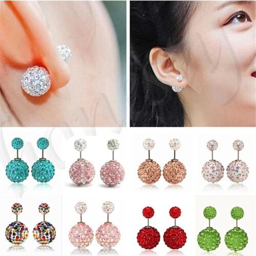 Women Elegant Double Sided Crystal Rhinestone Ball Lady Earrings Ear Studs Gift