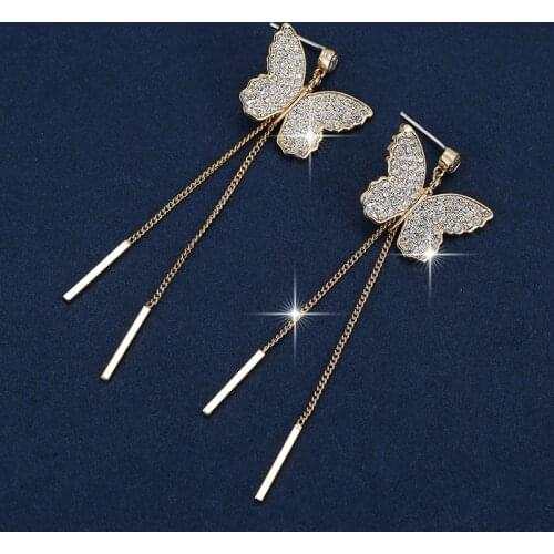 Women Earrings Fully Inlaid Zircon Butterfly Shaped Tassel Long Earrings Fashion Banquet Engagement Earrings Gift For Girlfriend