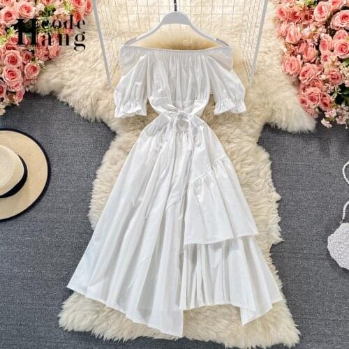HangCode Summer Dress Retro Gothic Bandage Waist Irregular White Black Women Dress Elegant Puff Sleeve Off Shoulder Party Dress