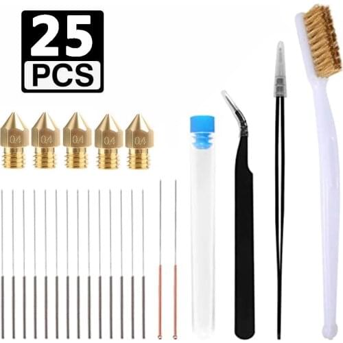 25 Pcs/Set 3D Printer Nozzle Cleaning Kit 16 Pc Clean Needles Cleaner, 2 Pc Tweezers Cleaner,1 Copper Brush, Cleaning Tool Kit