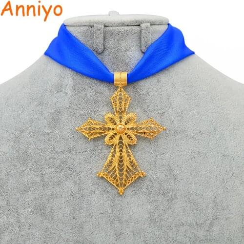 Anniyo Ethiopian Cross Pendant DIY Rope Chain for Women Girls,African Wedding Party Gold Color Eritrea Jewelry Crosses #229706