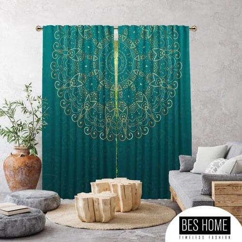 Ethnic,Golden Mandala Mint Green,Window Curtain 2 panels,Blackout,Room darkering,Custom size, made to order