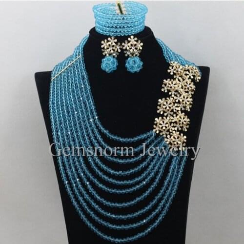 Fantastic Teal Blue Nigerian African Jewelry Sets Wedding Indian Costume Beads Necklace Set Free Shipping WA132