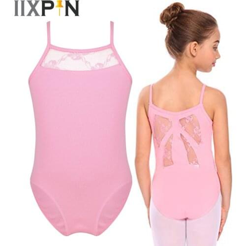 IIXPIN Girls Gymnastic Ballet Leotard Lace Back Spaghetti Shoulder Straps Lace Splice Bow Back Jumpsuit Leotard Ballet Practice