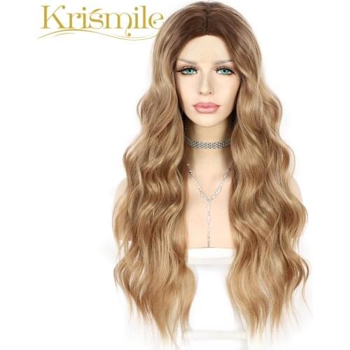Krismile Long Synthetic Lace Front Wigs Ombre Blonde Natural Wave Hair for Women Daily High Temperature Party Make Up Drag Queen