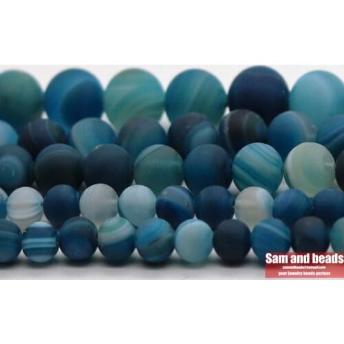 Wholesale Natural Stone Dull Polish Matte Blue Stripe Agates Round Loose Beads For Jewelry Making DMS10