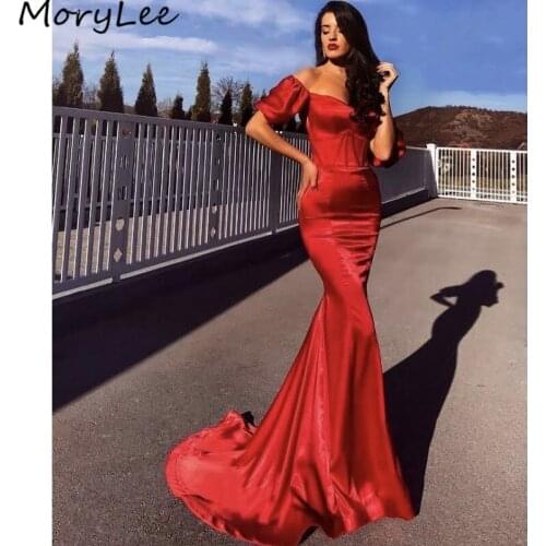 Prom Dresses Short Sleeves Floor Length Silk Satin Pleated Mermaid Prom Dresses With Zipper Back vestidos de fiesta de noche