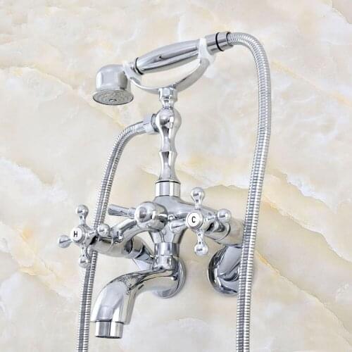 Silver Polished Chrome Brass Wall Mounted Dual Cross Handles Clawfoot Bathtub Faucet Handshower - Adjusts From 3-3/8" aqg408