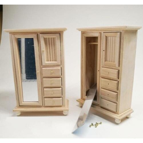 Dollhouse Wardrobe Multifunctional Solid Scale 1:12 Master Bedroom Scene Ornament Dollhouse Wooden Mirror Wardrobe for Kids