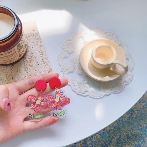 Japan and South Korea Fun Graffiti Flower Earrings Hand-Painted Small Red Transparent Acrylic Earrings Cute Art Girl Jewelry