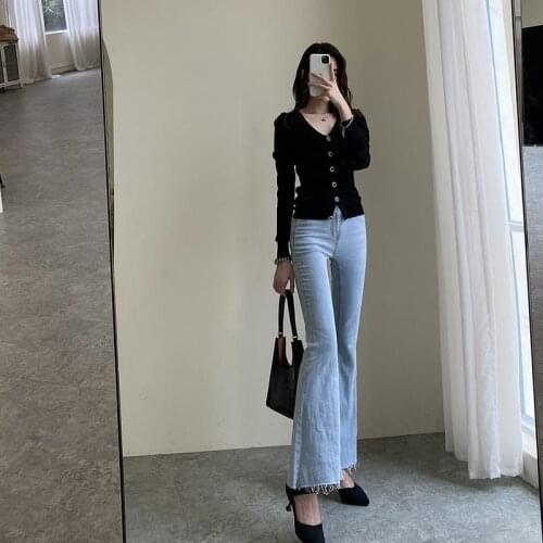 Womens Slim High Waist Jeans 2021 Spring Summer Female Elegant Flare Pants Trumpet Trousers Elegant Denim Pants For Women