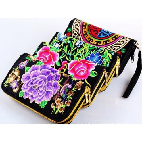 2020 free shipping Britt Ethnic style double embroidered double pull purse womens embroidered double zipper wallet