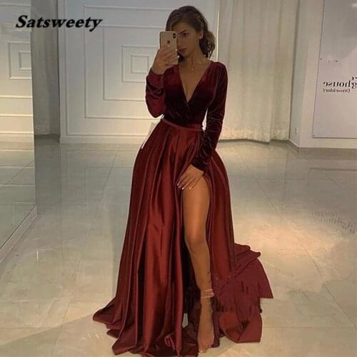 Elegant Velvet Long Sleeves Evening Dress for Women 2021 Aline V Neck Satin Side Slit Formal Party Prom Gowns