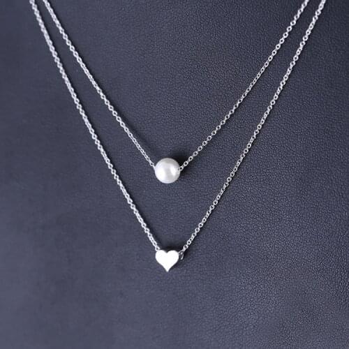 Daisies 925 Sterling Silver Imitation Pearl Heart Double Layer Necklaces & Pendants For Women Fashion Lady Jewelry Accessories
