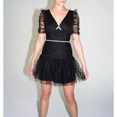 Summer Sexy V-neck Black Polka Dot Mesh Woman Dress 2021 Ladies Elegant Ruffles Mini Party Dress