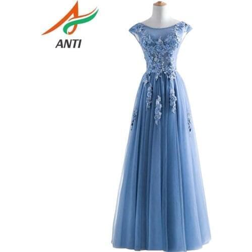 ANTI New Arrival 2019 Scoop Neck Blue Long Evening Dress Party Elegant Vestido De Festa Vintage Prom Gowns Flowers Abendkleider