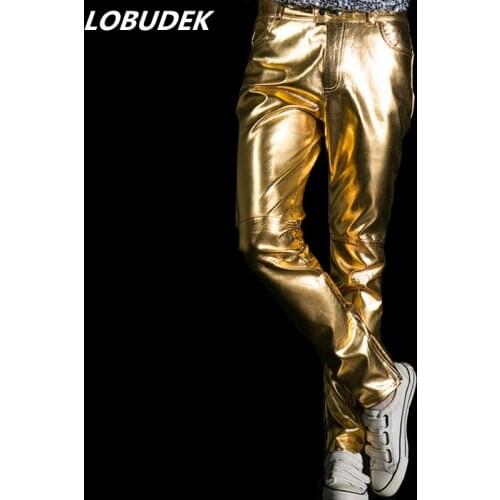 Gold Silvery PU Leather Pants Tide Male Stage Costume Men Punk Rock Singer Performance Outfit Fashion Slim Long Pants Trousers