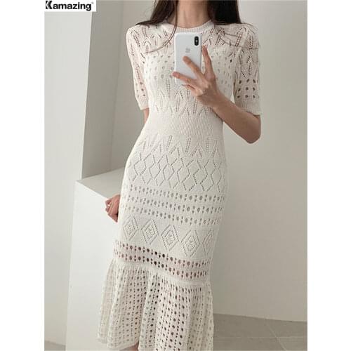 Elegant Hollow Out Women Knit Short Sleeve High Waist Bandage With Vest Midi Female Fashion Chic Dress