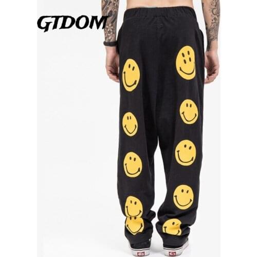 GTDOM Man Autumn 2021 New Casual Pants Youth Fashion Cartoon Smiling Face Logo Print Low Waisted Loose Terry Sweatpants