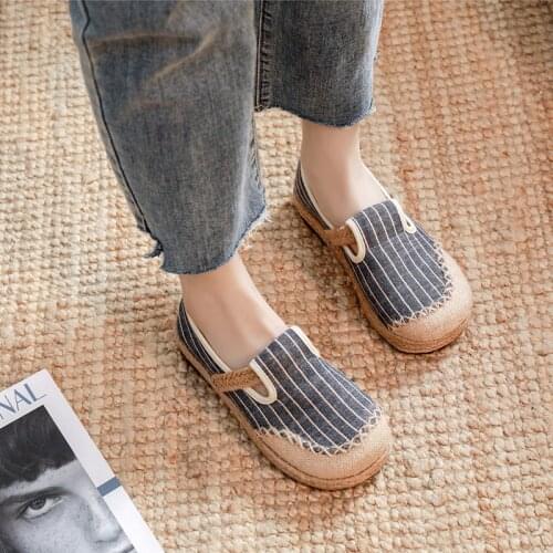 Women Canvas Shoes Striped Linen Cotton Loafers Comfortable Slip On Flats Shoes Ladies Casual Handmade Espadrilles