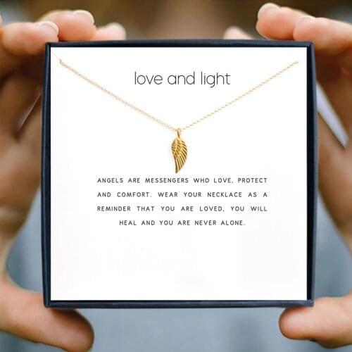 Icareu Half Angel Feather Wing Pendant Necklaces Love And Light Wish Card Clavicle Chain Choker Necklace Valentine Day Box Gift