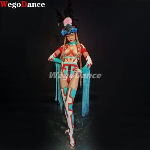 New Women Shining Rhinestone Long Sleeves Fringes Jumpsuit Sexy Stage Outfit Birthday Dance Tassel Bodysuit Leggings Evening