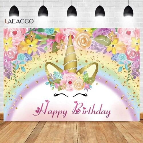 Laeacco Unicorn Birthday Party Flowers Rainbow Dots Customized Banner Poster Photo Background Photography Backdrop Photo Studio