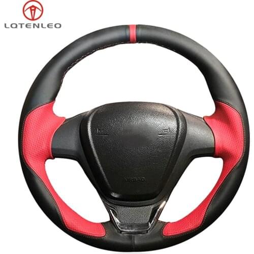 LQTENLEO Black Red Leather Car Steering Wheel Cover For Ford Fiesta 2008-2016 Figo 2012-2014 Ecosport 2013-2017 B-Max 2011-2019
