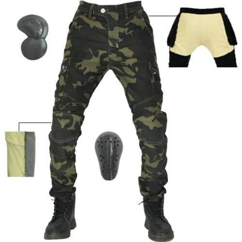 Motorcycle jeans pants, motocross pants, with 4 protective plates type armor for knees and hips, for motorcycle racing and cycli