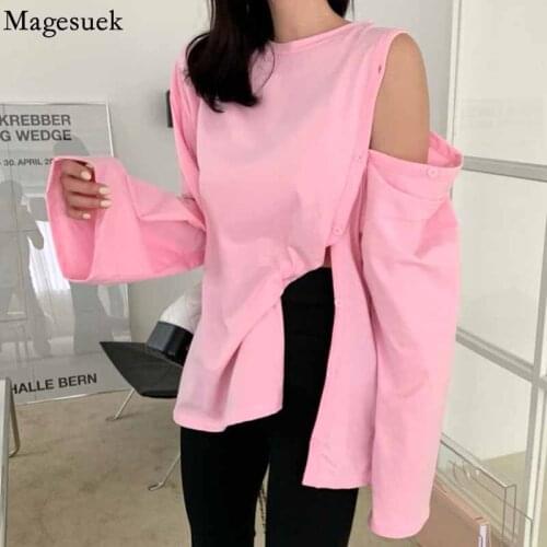 Autumn Sexy Off-shoulder Tshirt for Women Korean Big Split Button Up Tees Shirt O Neck Long Sleeve Loose T-shirt Blusas 16432