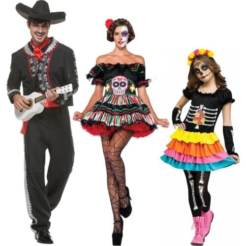 Reneecho Day Of The Dead Costume Family Flower Skeleton Girls Devil Halloween Costume Women Zombie Outfit