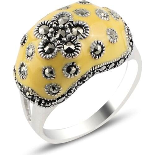 Silver 925 Sterling Marcasite Stone & Enamel Ring