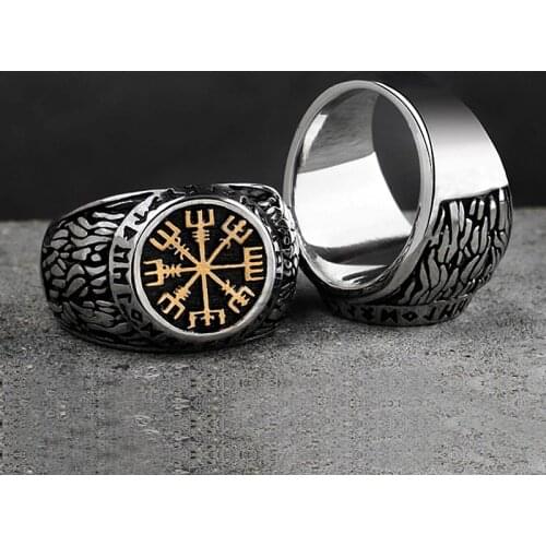 Vintage Nordic Stainless Steel Compass Ring Mens Viking Symbol Aegishjalmur Ring Amulet Rune Jewelry Gift