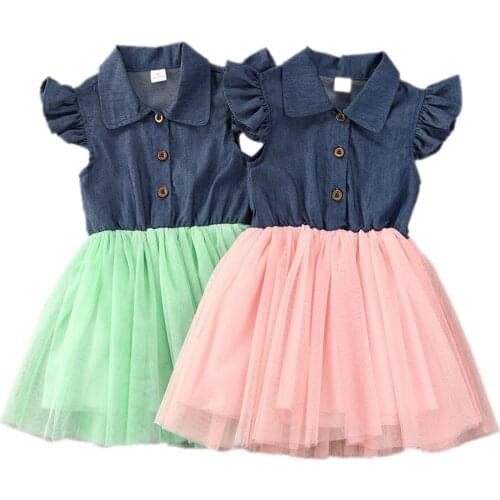 Citgeett Summer Toddler Girls Denim Dress Sleeveless Chiffon Stitching Buttons Tutu Tulle Skirt Birthday Party Casual Dress