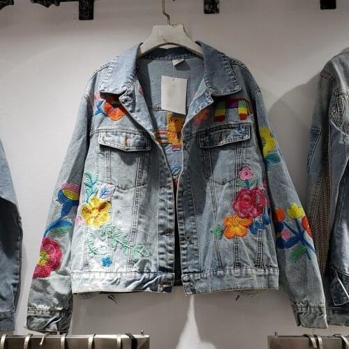 Folk Flowers Embroidery Womens Denim Jacket Loose Fit Vintage Female Coat Casual Batwing Sleeve K-pop Jean Jackets Streetwear