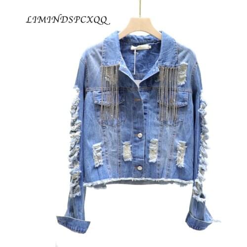 Short Hole Ripped Denim Womens 2020 Autumn New Korean-Style Heavy Industry Lettered Tassel Jeans Jacket Women oversized coat