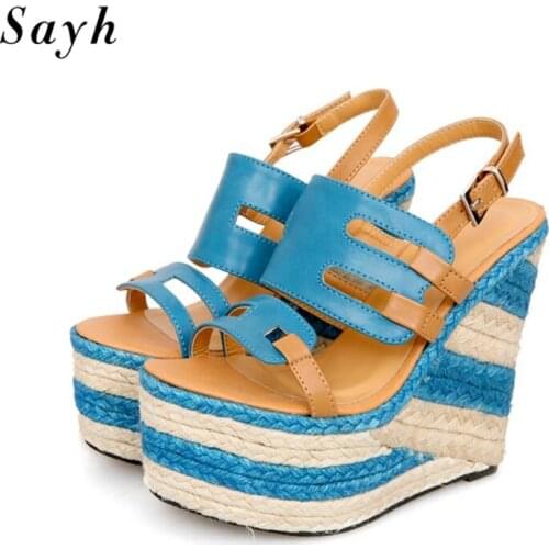 Women Summer Sandals Roma Open Toe Pumps 16cm High-Heel Sandals Wedge Heels Beach Shoes
