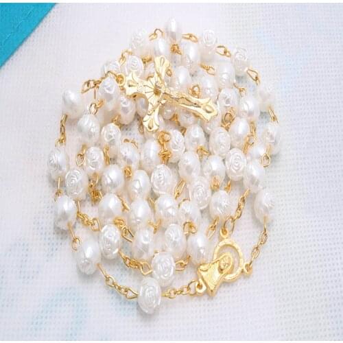 Gold Rose Beads Cross Necklace High Quality Golden Rose Beads Necklace Rosary Gold Cross Pendant Catholic Jewelry