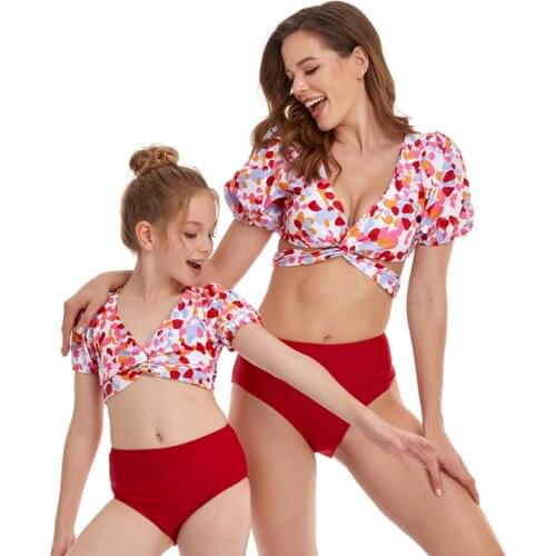 2021 New Family Matching High Waist Bikinis Two Piece Swimsuit Mom Daughter Swimwear Women Kids Beach Dress Swim Bathing Suit