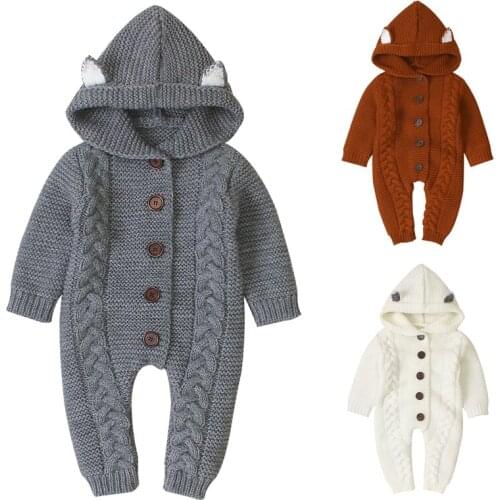 Korean Style Winter Baby Girls Boys Warm Clothes Infant Boys Girls Hooded Knitting Jumpsuit Baby Boys Girl Knitting Bodysuits