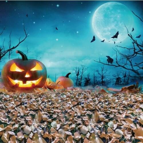 Halloween Eve Night Backdrop For Photography Pumpkin Grimace Autumn Fallen Leaves Dark Forest Moon Night Child Photo Background