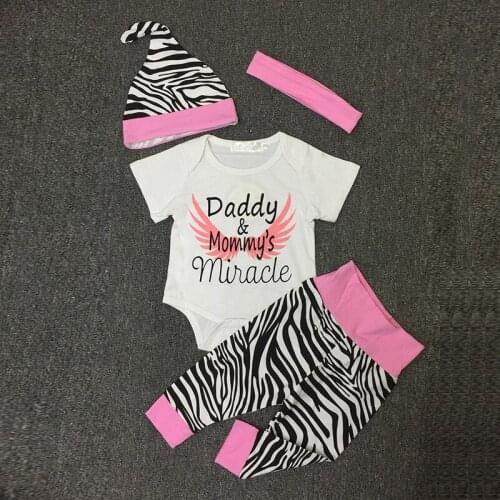 Newborn Baby girls 4PCS clothing Sets Daddy & Mommys Miracle Bodysuit + Zebra Pants+Hat +Headband Infant Toddle Girls Outfit