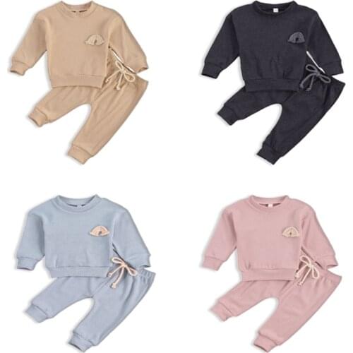 2 Pcs Baby Girls Boy Clothes Clothing Sets For Babies Clothes For Newborns Rainbow Embroidery O-Neck+Pants Outfit Set 6-24M