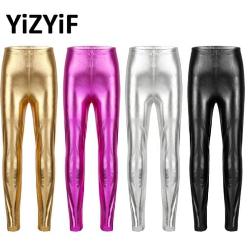 YiZYiF Kids Girls Shiny Pants Leggings Metallic Fashion Solid Skinny Pants Leggings for Performances Costumes Dance Competitions