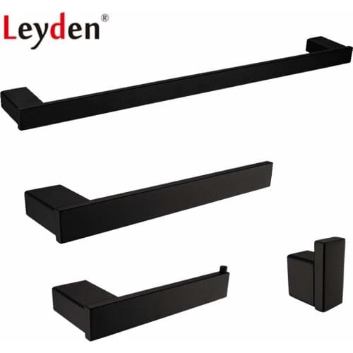 Leyden 304 Stainless Steel 4pcs Bathroom Accessories Set Black Single Towel Bar Towel Ring Holder Toilet Paper Holder Robe Hook