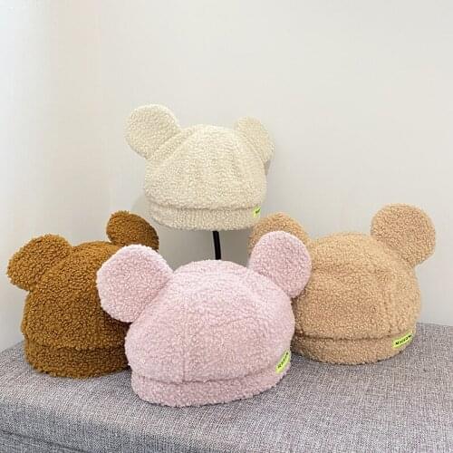 Hot Sale Japanese Cute Little Bear Ear Lambswool Cap Woman Autumn Winter Thicken Keep Warm Protect Bucket Casqute